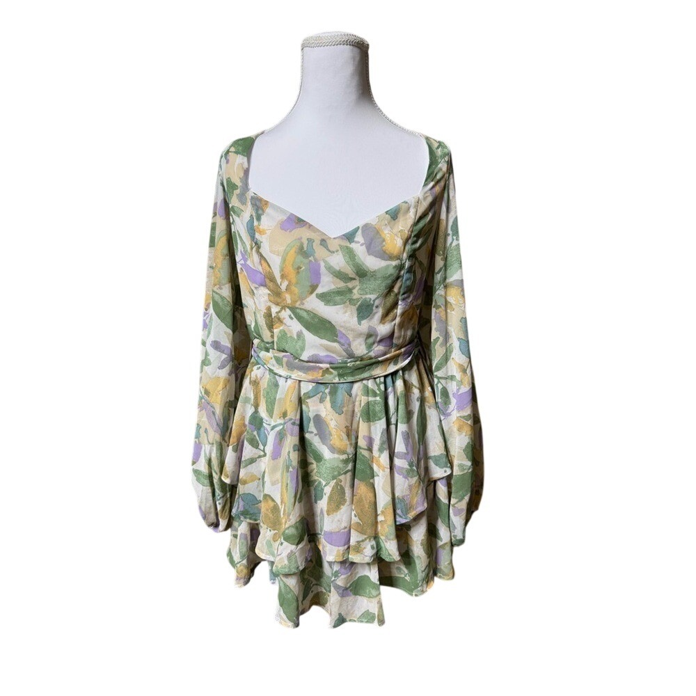 Ruby Sue Floral Mini Dress Green Purple Watercolor Ruffle Tiered Sweetheart